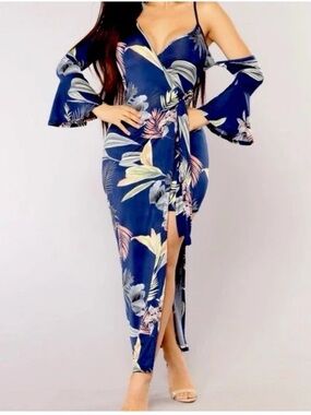 3/$25*Fashion Nova Blue Yellow Floral Hi-Low Wrap Dress Bell Sleeve V-Neck M